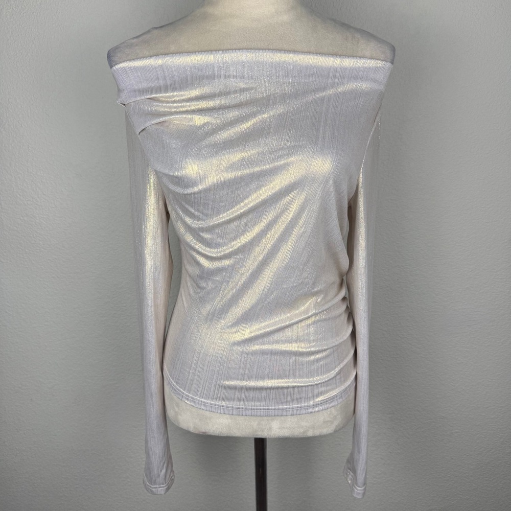 Women's Metallic Shimmer Off Shoulder Ruched Side Long Sleeve Top Size Small